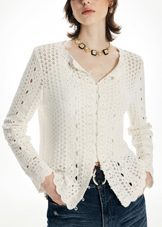 Élégant cardigan beige à col rond et ajouré en tricot pour l'automne - Amawinc