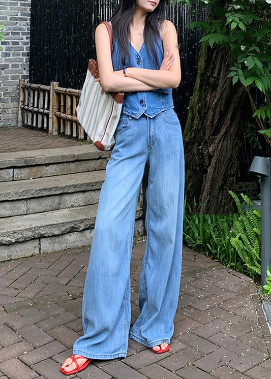Pantalon droit drapé taille haute bleu élégant en denim pour l'automne - Amawinc