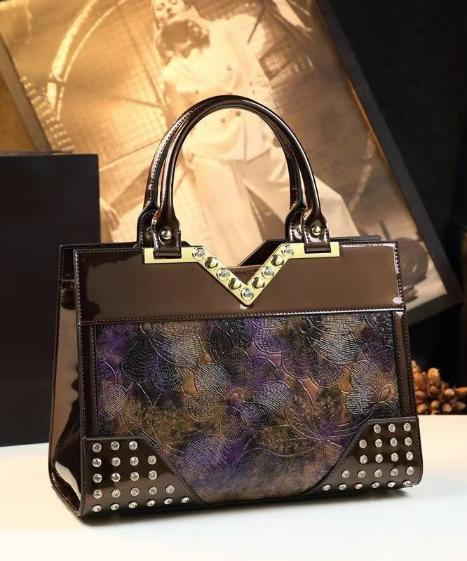 Sac fourre-tout élégant en cuir de veau gaufré avec zircons colorblock - Amawinc