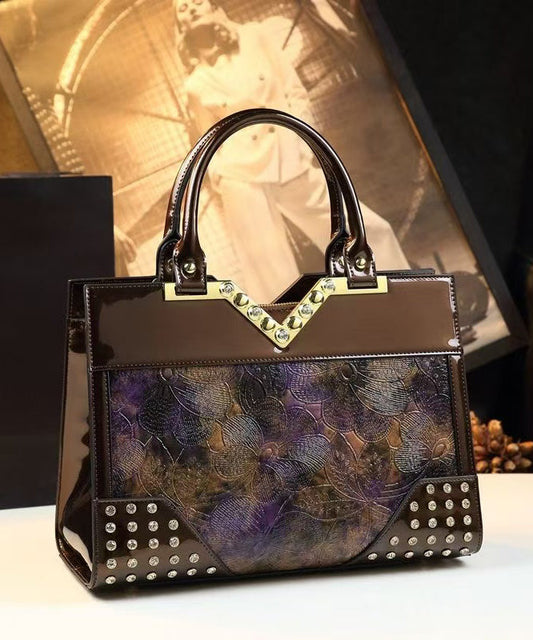 Sac fourre-tout élégant en cuir de veau gaufré avec zircons colorblock - Amawinc