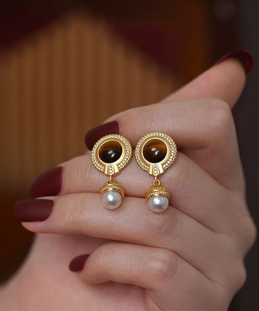 Boucles d'oreilles pendantes élégantes en argent sterling doré et perles - Amawinc
