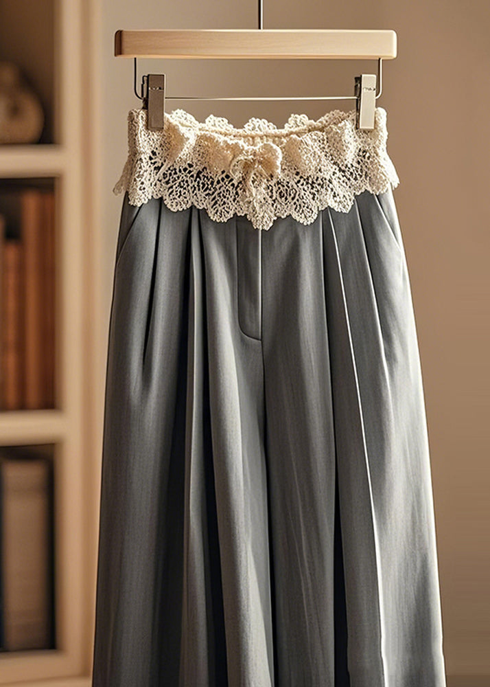 Pantalon large élégant en dentelle patchwork grise froissée, automne - Amawinc
