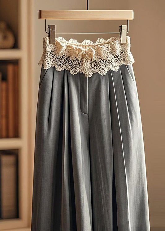 Pantalon large élégant en dentelle patchwork grise froissée, automne - Amawinc