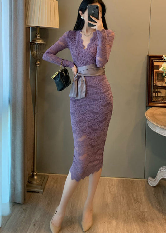 Robe de soirée élégante en dentelle lavande à col en V et taille nouée pour l'été - Amawinc