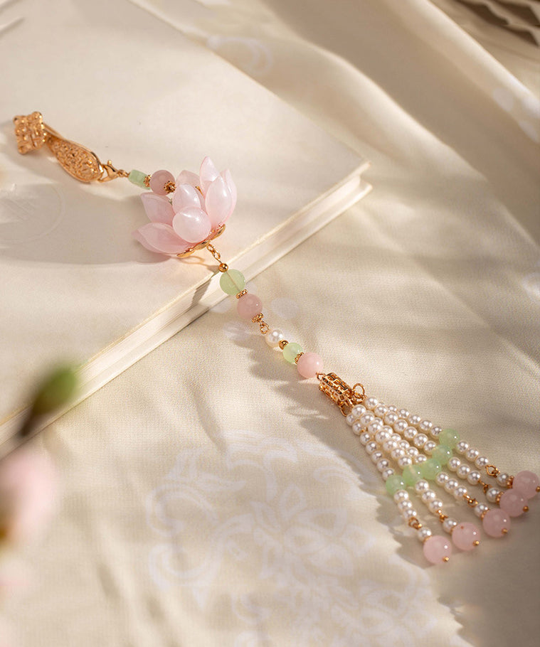 Broches élégantes en alliage rose, perles et pompons en forme de lotus - Amawinc
