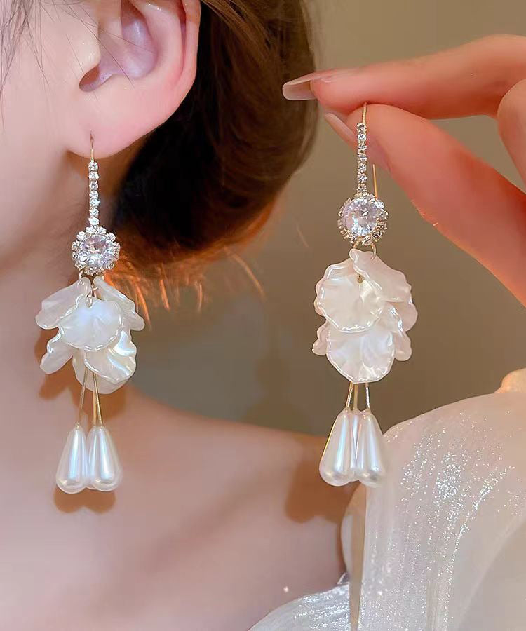 Boucles d'oreilles pendantes élégantes en cuivre blanc, acrylique, zircon, perles et coquillages - Amawinc