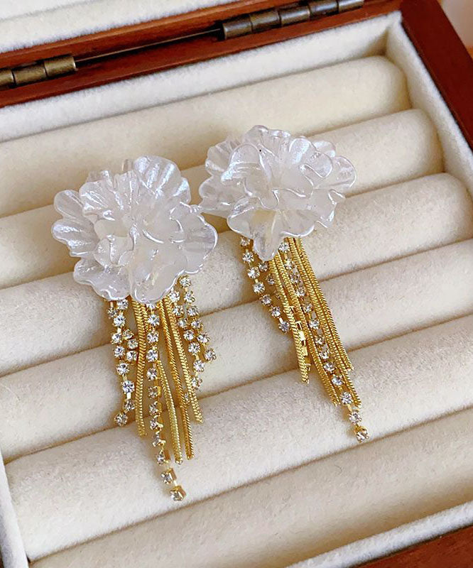 Boucles d'oreilles pendantes élégantes en argent sterling blanc doré à motif floral et pompon - Amawinc