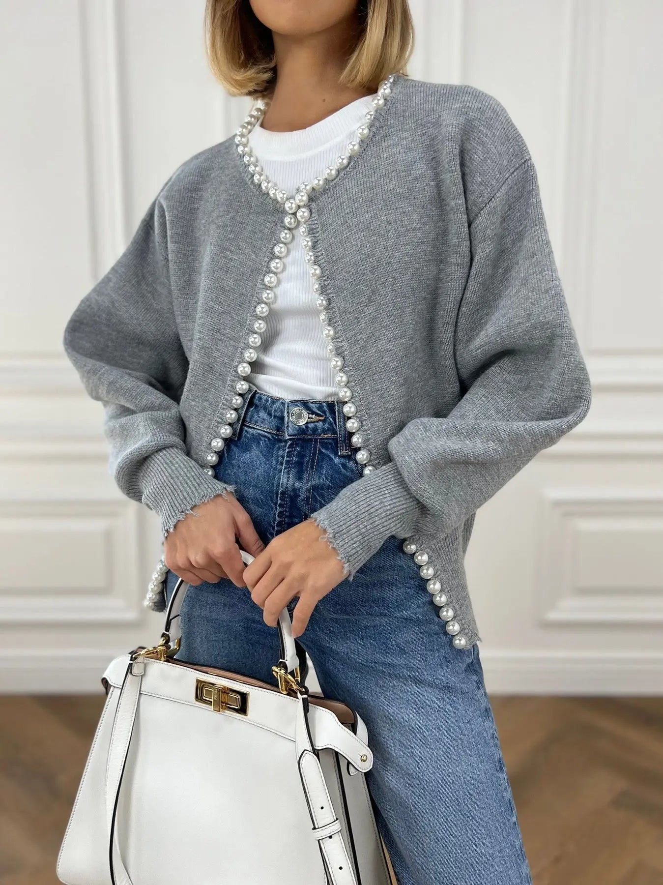 Cardigan Pour Femme Avec Bordure De Perles Élégante Et Polyvalente Pour Le Quotidien