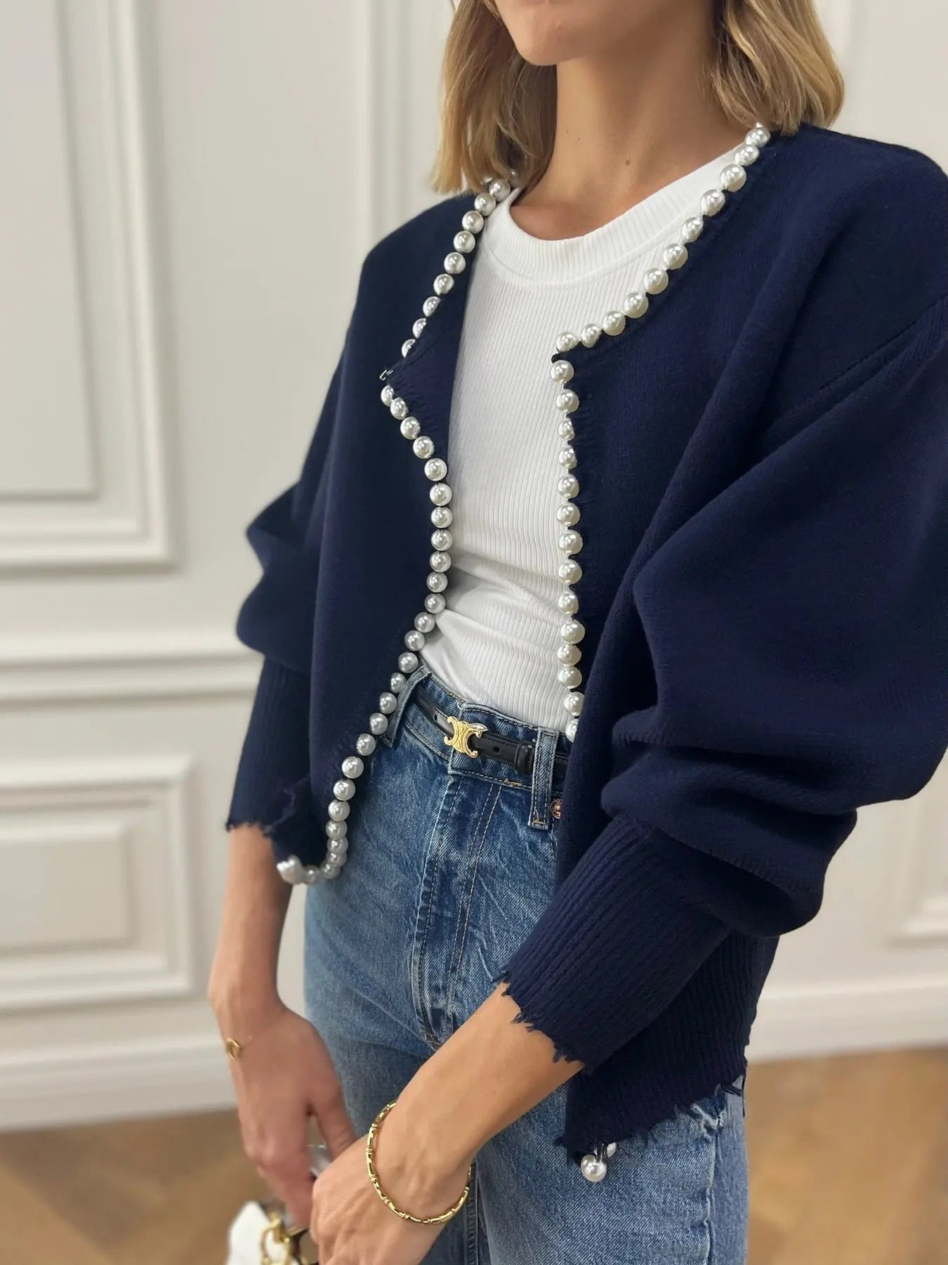 Cardigan Pour Femme Avec Bordure De Perles Élégante Et Polyvalente Pour Le Quotidien