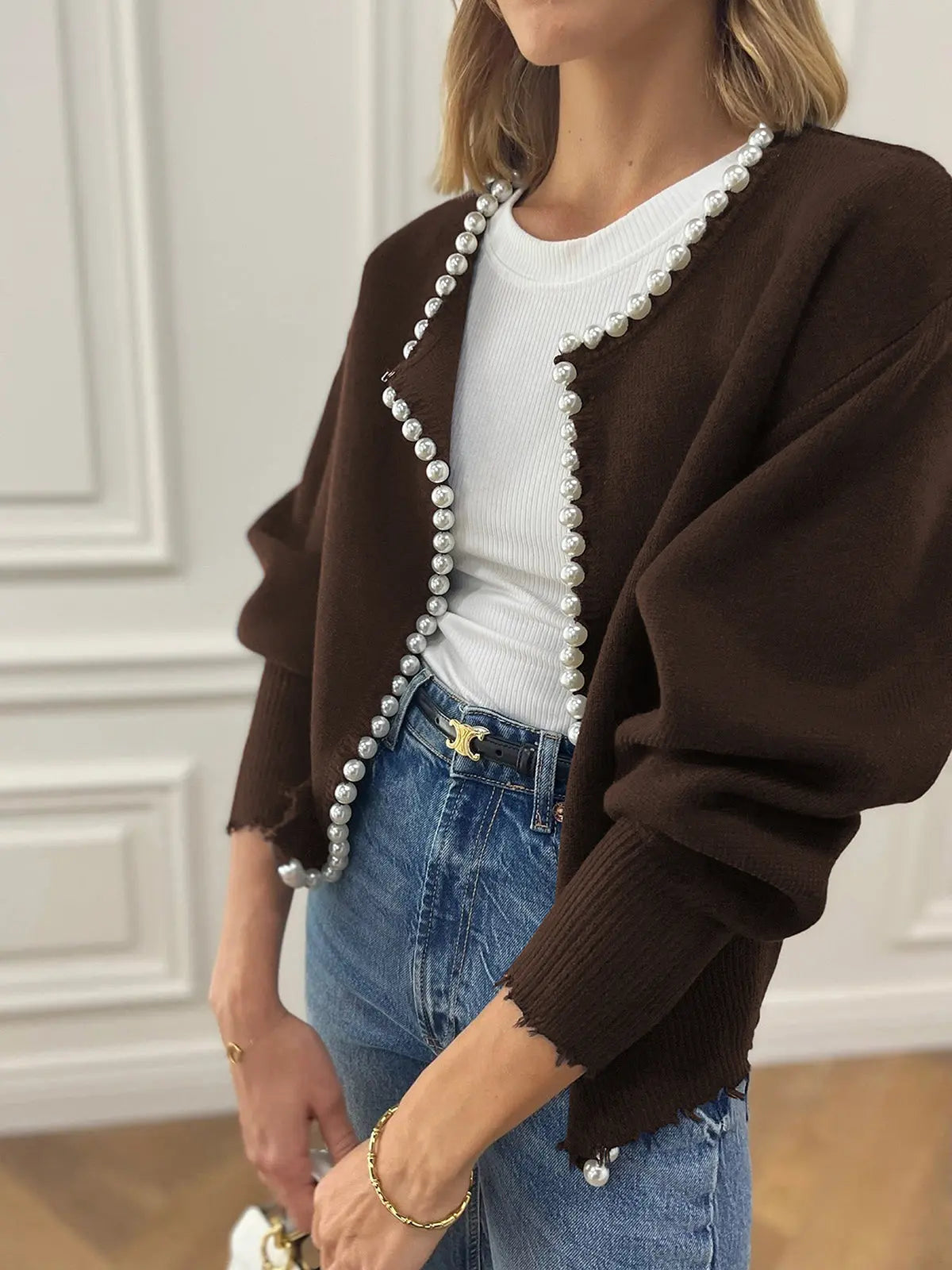 Cardigan Pour Femme Avec Bordure De Perles Élégante Et Polyvalente Pour Le Quotidien
