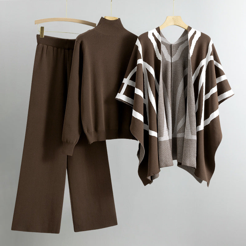 Ensemble Tricot Elise Leroy Allure Avec Pantalon Large Pull Cardigan Ouvert Rayé Chic Automne Luxueux
