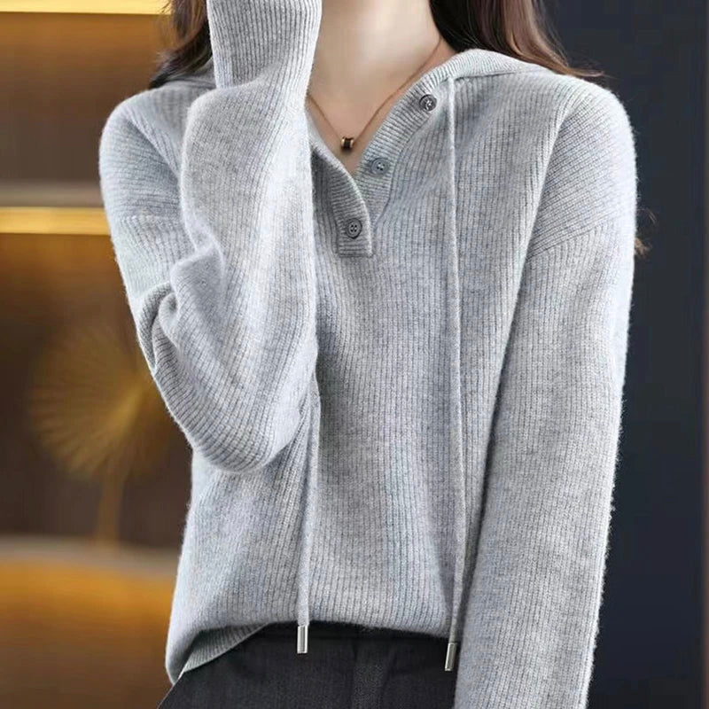 Pull Cachemire Elise Leroy Luxe Avec Capuche Décolleté En V Boutons Et Cordon Pour Style Décontracté