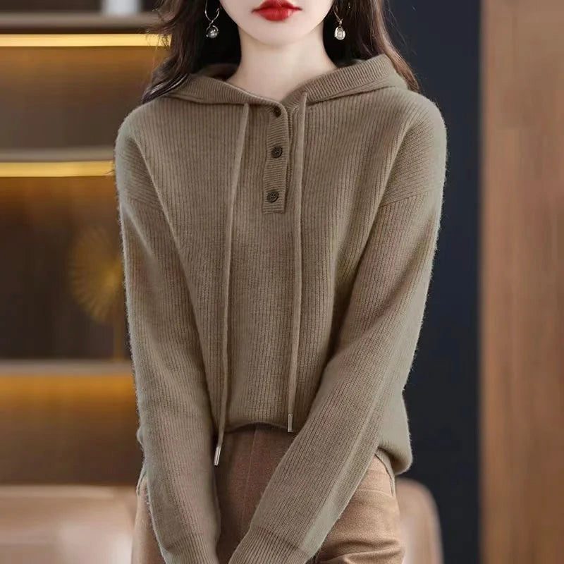Pull Cachemire Elise Leroy Luxe Avec Capuche Décolleté En V Boutons Et Cordon Pour Style Décontracté