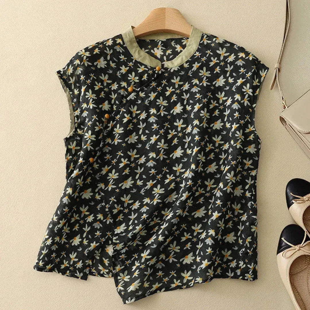 Blouse Lin Vintage Col Mandarin Sans Manches Imprimé Floral Facile Décontractée Été