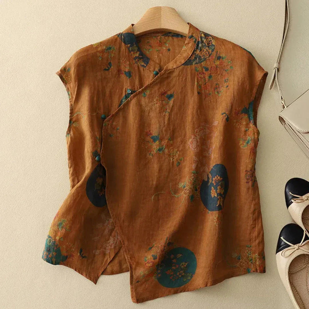 Blouse Lin Vintage Col Mandarin Sans Manches Imprimé Floral Facile Décontractée Été