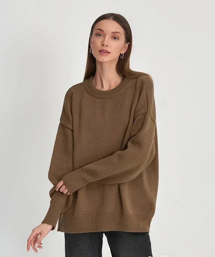 Pull Femme Oversize Décontracté En Maille Douce Mélange Laine Col Rond Manches Longues Automne Hiver