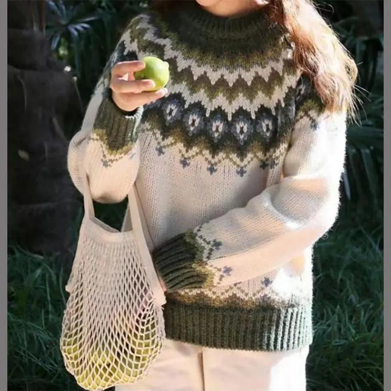 Pull Col Rond Fair Isle pour Femmes Confortable et Polyvalent pour Hiver Tenues Décontractées et Superposables