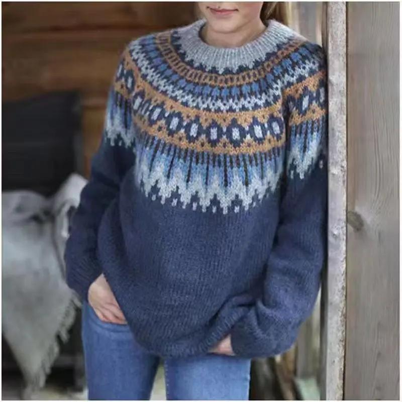 Pull Col Rond Fair Isle pour Femmes Confortable et Polyvalent pour Hiver Tenues Décontractées et Superposables