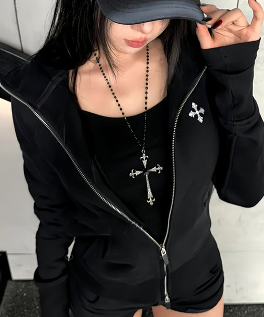 Collier de perles en métal noir et zircon à la mode avec croix graduée - Amawinc