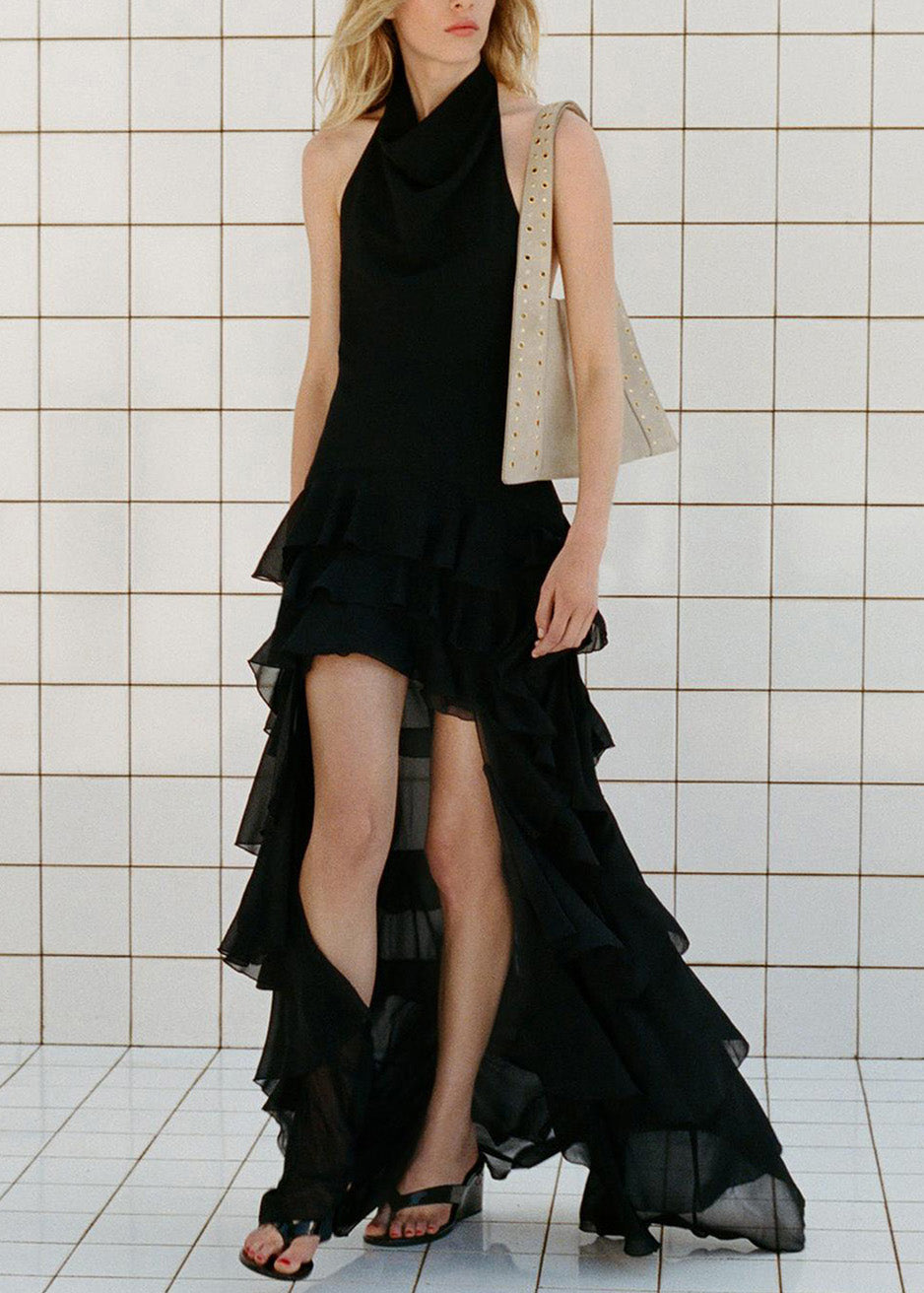 Robe en mousseline de soie noire à volants, coupe basse et haute, sans manches - Amawinc
