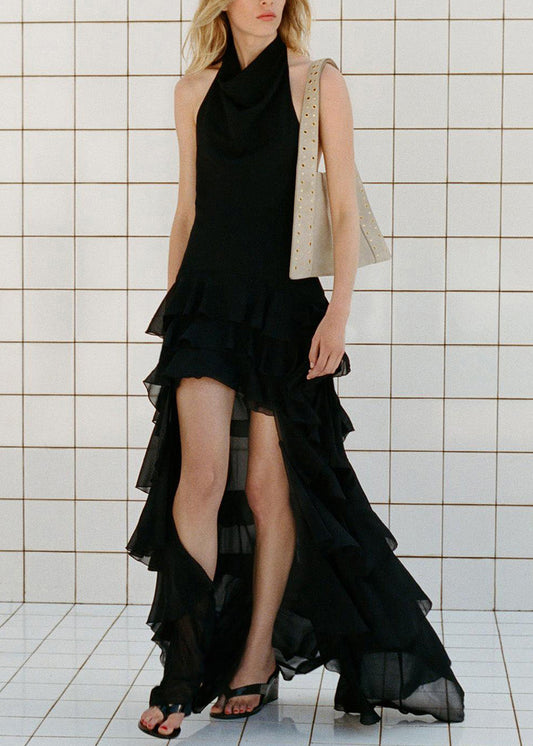Robe en mousseline de soie noire à volants, coupe basse et haute, sans manches - Amawinc