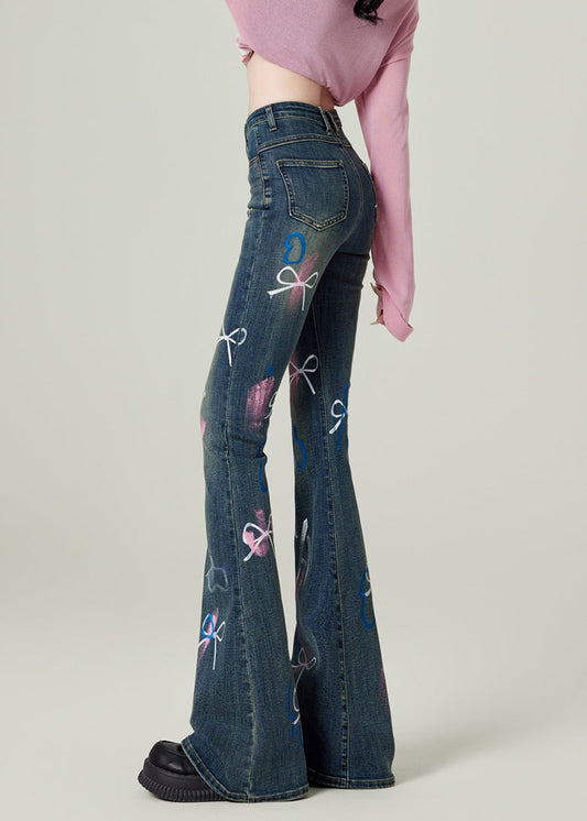 Pantalon évasé en denim bleu à poches et nœuds pour le printemps - Amawinc