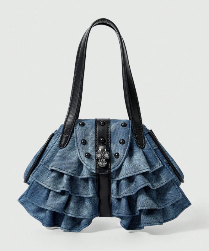 Sacs à bandoulière en denim patchwork à volants bleus tendance avec perles - Amawinc