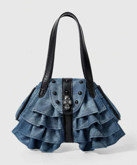 Sacs à bandoulière en denim patchwork à volants bleus tendance avec perles - Amawinc