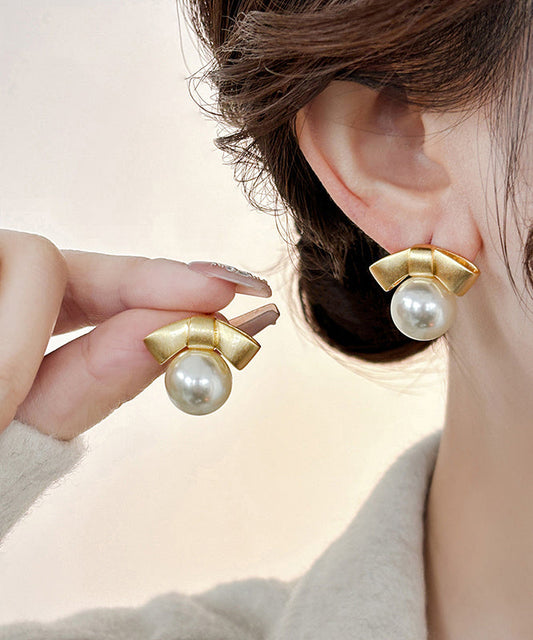 Boucles d'oreilles à tige en alliage d'or avec perles et nœud - Amawinc