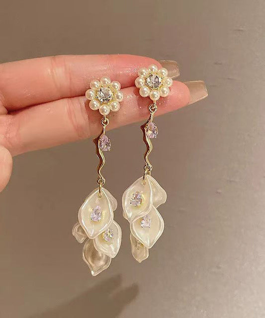 Boucles d'oreilles pendantes à pampilles en alliage d'or et zircon, motif floral et perles - Amawinc