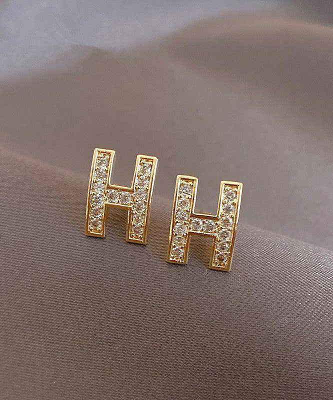 Boucles d'oreilles à tige tendance en alliage d'or et zircon avec motif graphique H - Amawinc