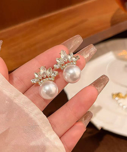 Boucles d'oreilles à tige tendance en alliage de cuivre doré et zircon, avec perles et feuilles - Amawinc