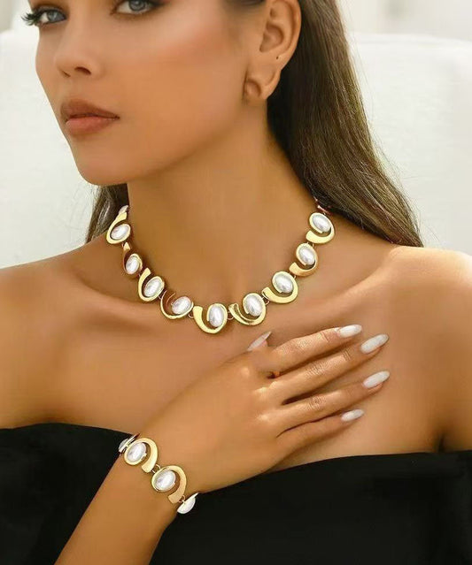 Ensemble deux pièces collier et bracelet chaîne en cuivre doré tendance - Amawinc