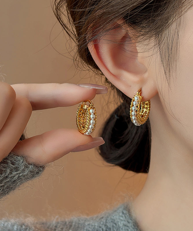Boucles d'oreilles créoles en or, cuivre et perles, style tendance - Amawinc