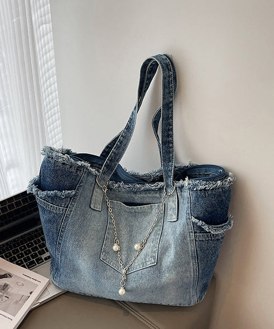 Sacs à bandoulière en denim bleu dégradé à pompons, grande capacité - Amawinc