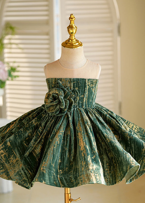 Robe longue d'été en velours de soie à fleurs vertes pour enfants - Amawinc