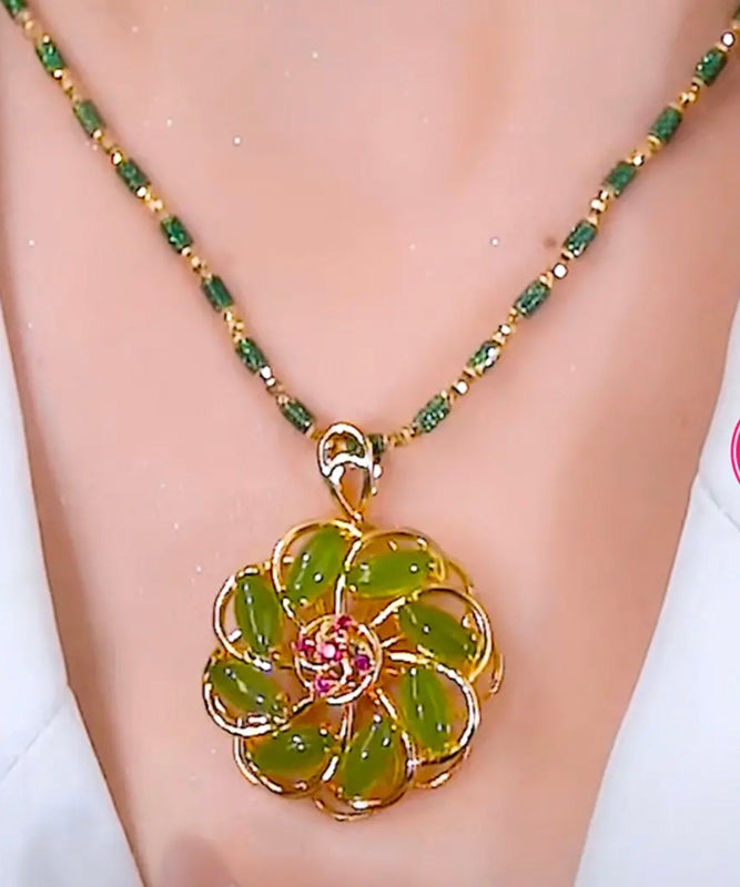 Collier pendentif floral incrusté en argent sterling vert tendance - Amawinc