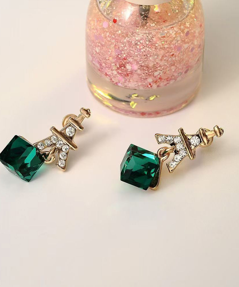 Boucles d'oreilles pendantes tendance en argent sterling vert et cristal de zircon surdoré - Amawinc