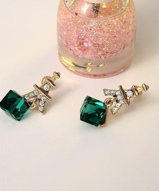 Boucles d'oreilles pendantes tendance en argent sterling vert et cristal de zircon surdoré - Amawinc