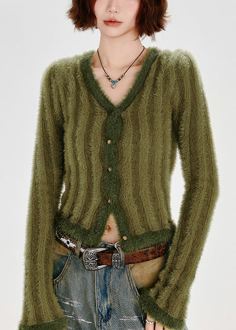 Gilets d'hiver en maille duveteuse à rayures vertes et col en V, doublés de fausse fourrure. - Amawinc