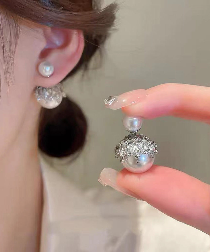 Boucles d'oreilles à tige tendance en alliage de cuivre gris et perles de zircon - Amawinc