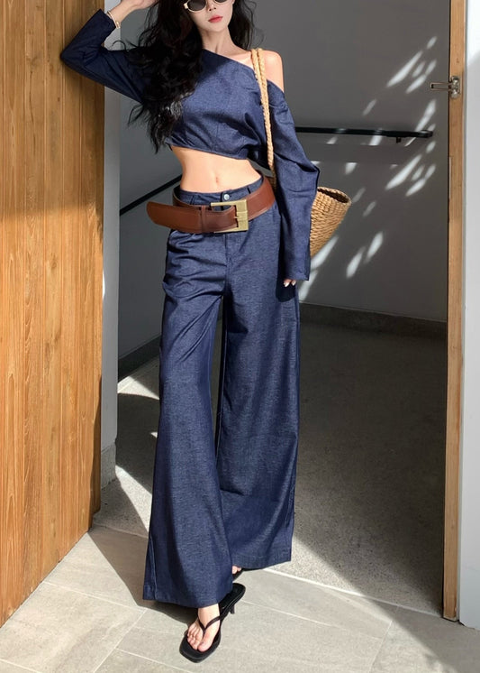 Ensemble deux pièces en jean bleu marine à une épaule et à la mode pour l'été - Amawinc