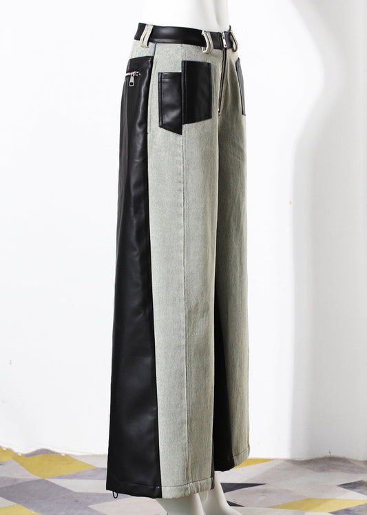 Pantalon large en denim patchwork similicuir avec poches tendance Automne - Amawinc