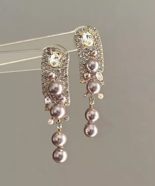 Boucles d'oreilles pendantes à pampilles en alliage de zircon et perles roses tendance - Amawinc
