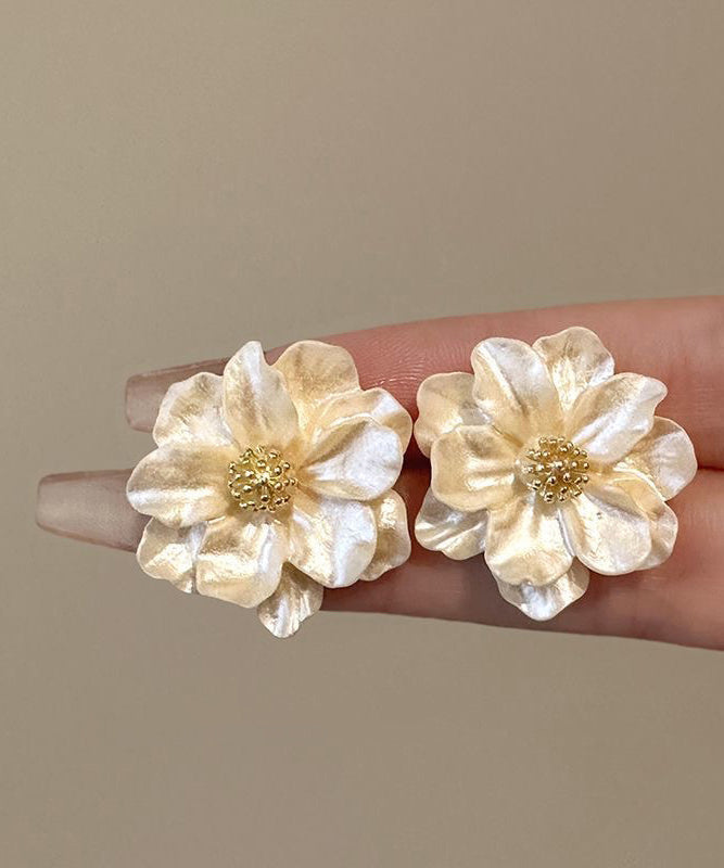Boucles d'oreilles à tige en alliage de cuivre beige et acrylique, motif fleur de camélia, élégantes et tendance - Amawinc