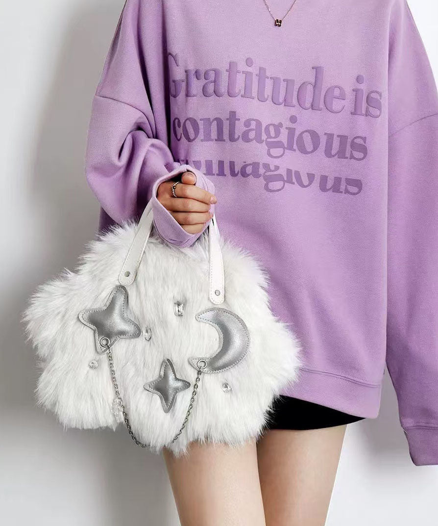Sac à main fourre-tout tendance en fourrure blanche duveteuse avec chaîne - Amawinc
