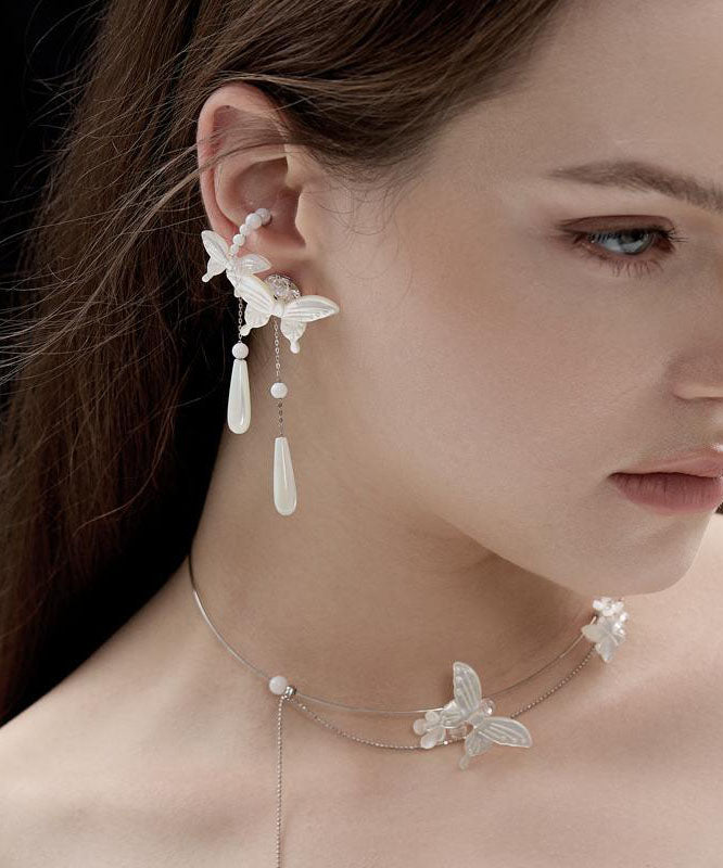 Boucles d'oreilles pendantes en argent sterling blanc avec perles et papillon - Amawinc