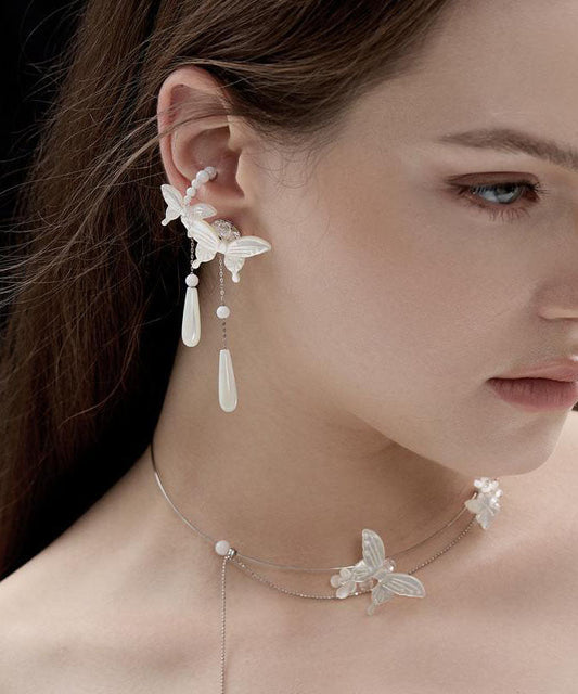 Boucles d'oreilles pendantes en argent sterling blanc avec perles et papillon - Amawinc