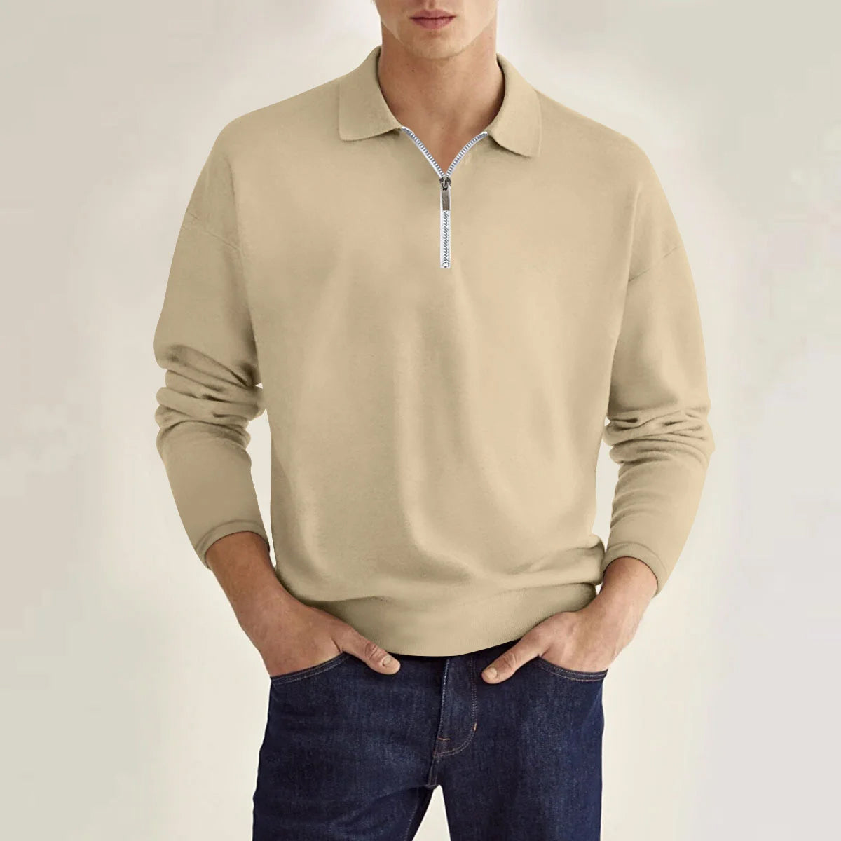 Polo Oxford Felix Grant À Manches Longues Tricot Couleur Unie Avec Détails Zippés Pour Automne