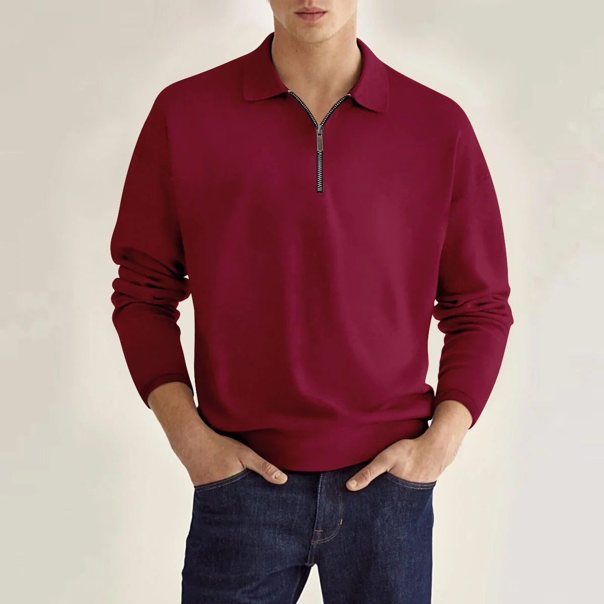 Polo Oxford Felix Grant À Manches Longues Tricot Couleur Unie Avec Détails Zippés Pour Automne